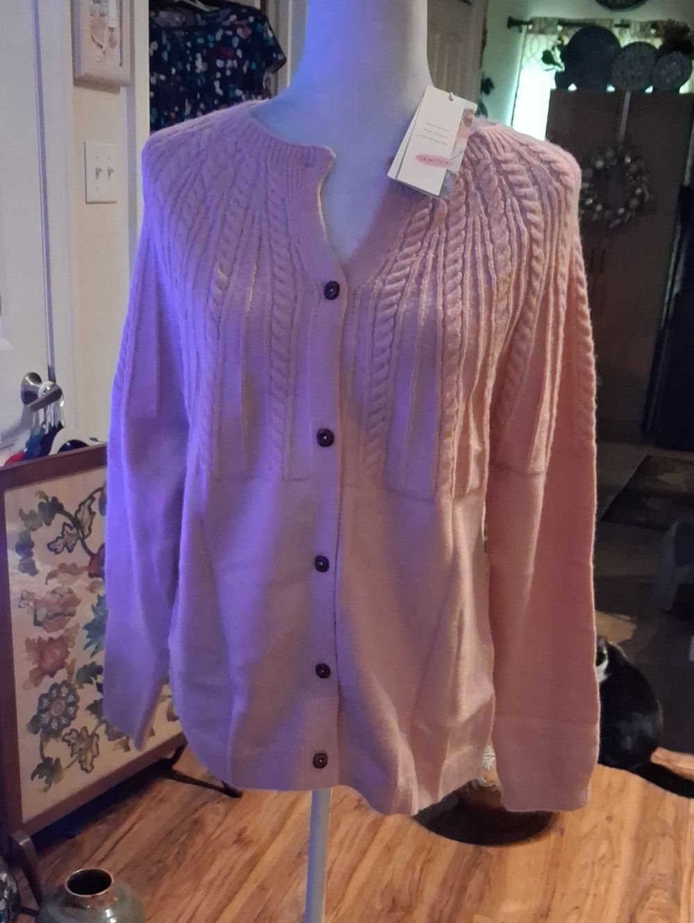 A New Pink Cable-Knit Button Cardigan Sweater - Women Size S/M